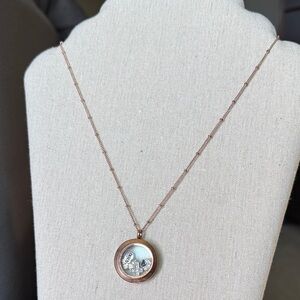 Origami Owl Rose Gold Round Locket Necklace with Silver Charms